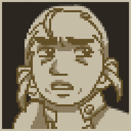 A pixel art portrait of Caty. She looks off to the right uneasily.