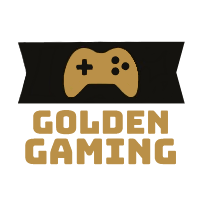 A gaming company logo with a golden console remote. Text reads Golden Gaming.