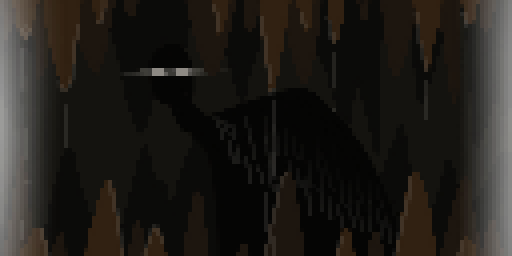 A pixel art drawing of a creature with glowing eyes standing in a cave surrounded by stalagmites and stalactites.